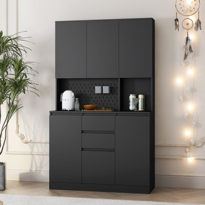 74 Inch Kitchen Pantry Cabinet with Hutch Drawers and Charging Station Black