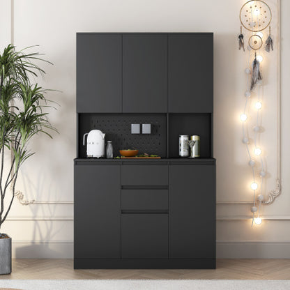 74 Inch Kitchen Pantry Cabinet with Hutch Drawers and Charging Station Black