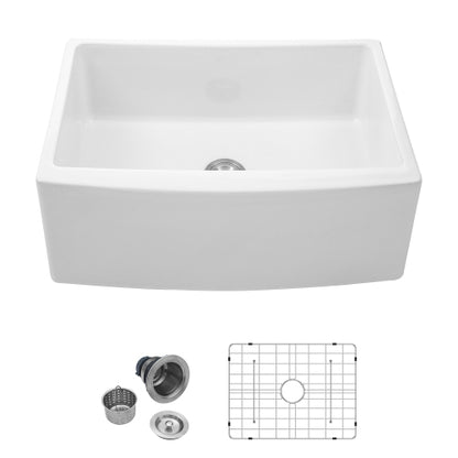 White Farmhouse Sink - 24 x 19 x 10 inch White Kitchen Sink Ceramic Arch Edge Apron Front Single Bowl Farm Kitchen Sinks