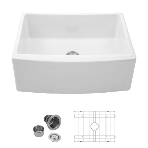 White Farmhouse Sink - 24 x 19 x 10 inch White Kitchen Sink Ceramic Arch Edge Apron Front Single Bowl Farm Kitchen Sinks