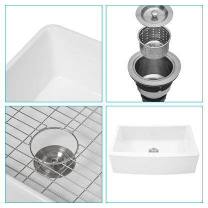 White Farmhouse Sink - 30 x 21 x 10 inch White Kitchen Sink Ceramic Porcelain Arch Edge Apron Front Single Bowl Farm Kitchen Sinks