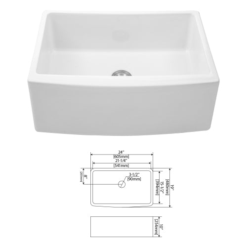White Farmhouse Sink - 24 x 19 x 10 inch White Kitchen Sink Ceramic Arch Edge Apron Front Single Bowl Farm Kitchen Sinks