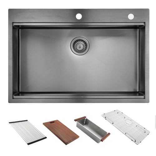 36 Inch Gunmetal Black Drop in Workstation kithchen Sink -36 "x 22" 16 Gauge Topmount Drop in Single Bowl Stainless Steel Kitchen Sink with Accessories