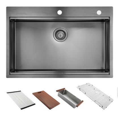 36 Inch Gunmetal Black Drop in Workstation kithchen Sink -36 "x 22" 16 Gauge Topmount Drop in Single Bowl Stainless Steel Kitchen Sink with Accessories