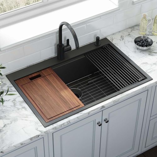 36 Inch Gunmetal Black Drop in Workstation kithchen Sink -36 "x 22" 16 Gauge Topmount Drop in Single Bowl Stainless Steel Kitchen Sink with Accessories