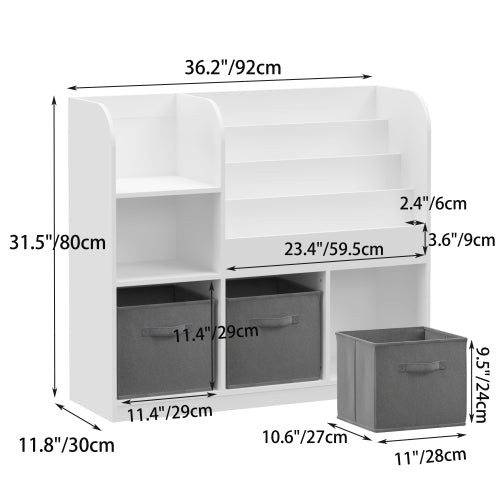Kids Bookcase with 3 Fabric Drawers, MDF Toy Storage Organizer, White/Gray