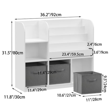 Kids Bookcase with 3 Fabric Drawers, MDF Toy Storage Organizer, White/Gray
