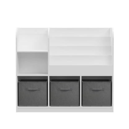 Kids Bookcase with 3 Fabric Drawers, MDF Toy Storage Organizer, White/Gray