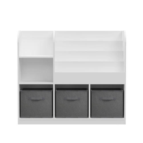 Kids Bookcase with 3 Fabric Drawers, MDF Toy Storage Organizer, White/Gray