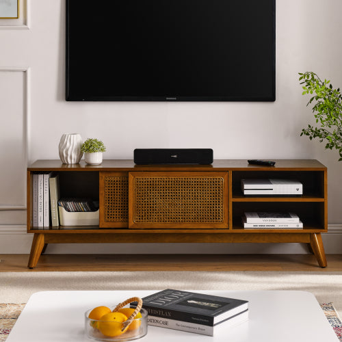 59 Inch Mid-Century Rattan TV Stand For 65 Inch TV Solid Wood Feet
