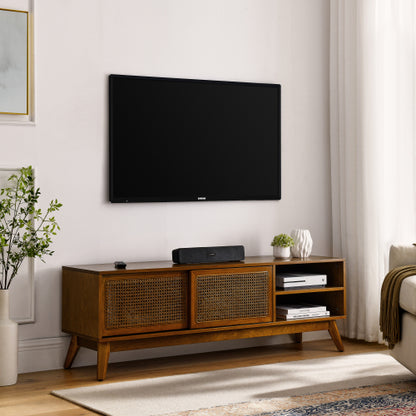 59 Inch Mid-Century Rattan TV Stand For 65 Inch TV Solid Wood Feet