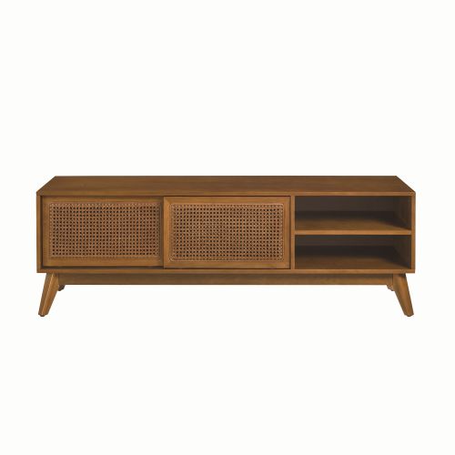59 Inch Mid-Century Rattan TV Stand For 65 Inch TV Solid Wood Feet