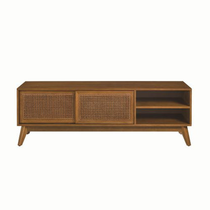 59 Inch Mid-Century Rattan TV Stand For 65 Inch TV Solid Wood Feet