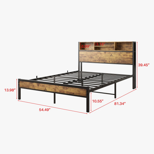 Full Size Bed Frame with Storage Headboard, Metal Platform Bed with Charging Station,  Bookcase Storage, No Box Spring Needed, Easy Assembly, Noise-Free, Black