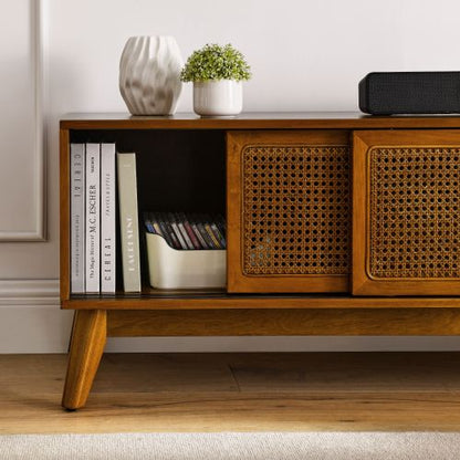 59 Inch Mid-Century Rattan TV Stand For 65 Inch TV Solid Wood Feet