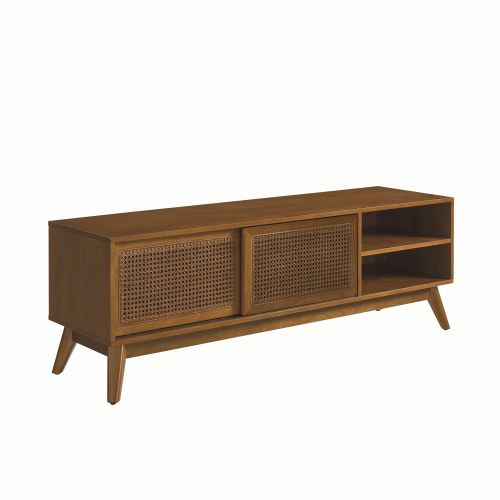 59 Inch Mid-Century Rattan TV Stand For 65 Inch TV Solid Wood Feet