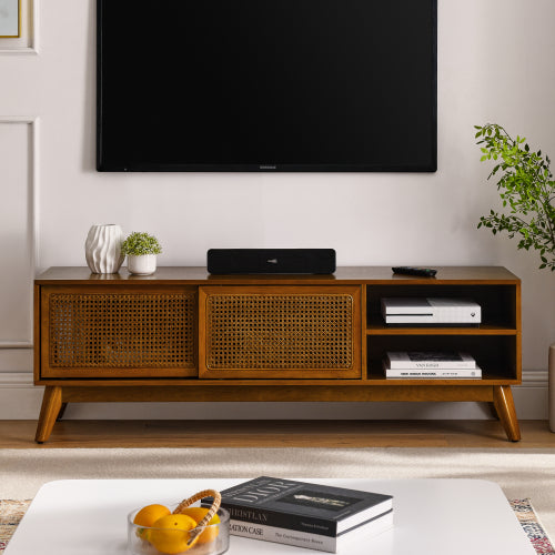 59 Inch Mid-Century Rattan TV Stand For 65 Inch TV Solid Wood Feet