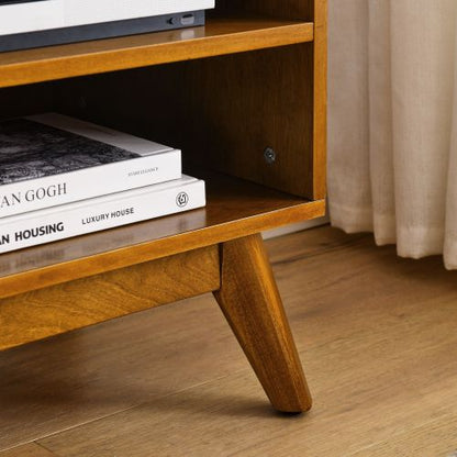 59 Inch Mid-Century Rattan TV Stand For 65 Inch TV Solid Wood Feet