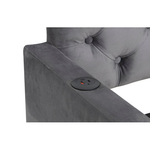 Twin Size Upholstered Daybed with Trundle and USB Charging Design, Velvet Upholstered Daybed Frame, Twin Sofa Bed for Living Room Bedroom, No Box Spring Needed,Plush velvet fabric dark grey 18