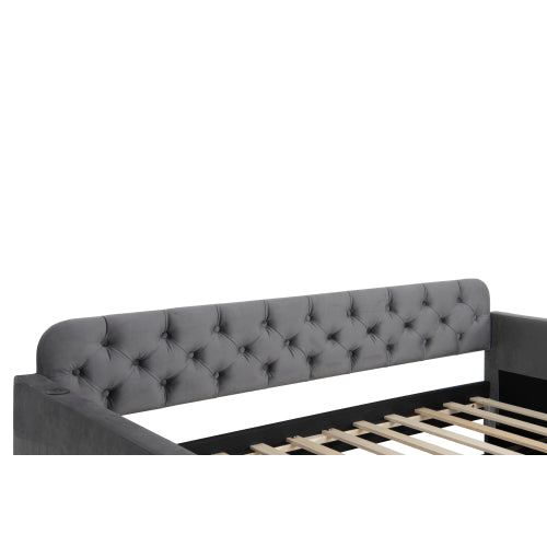 Twin Size Upholstered Daybed with Trundle and USB Charging Design, Velvet Upholstered Daybed Frame, Twin Sofa Bed for Living Room Bedroom, No Box Spring Needed,Plush velvet fabric dark grey 18