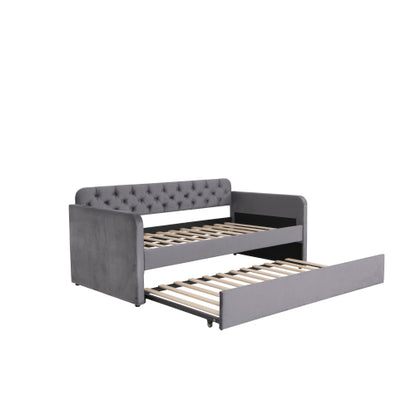 Twin Size Upholstered Daybed with Trundle and USB Charging Design, Velvet Upholstered Daybed Frame, Twin Sofa Bed for Living Room Bedroom, No Box Spring Needed,Plush velvet fabric dark grey 18