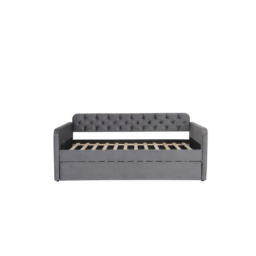 Twin Size Upholstered Daybed with Trundle and USB Charging Design, Velvet Upholstered Daybed Frame, Twin Sofa Bed for Living Room Bedroom, No Box Spring Needed,Plush velvet fabric dark grey 18