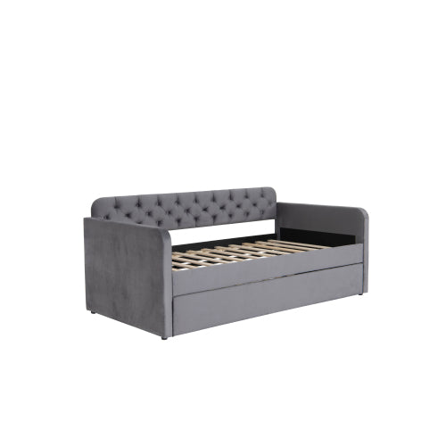 Twin Size Upholstered Daybed with Trundle and USB Charging Design, Velvet Upholstered Daybed Frame, Twin Sofa Bed for Living Room Bedroom, No Box Spring Needed,Plush velvet fabric dark grey 18