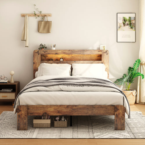 Bed Frame King Size, Wood Platform Bed Frame with Storage LED Light Headboard and 2 USB , Noise Free,No Box Spring Needed and Easy Assembly Tool,Large Under Bed Storage,Dark Brown