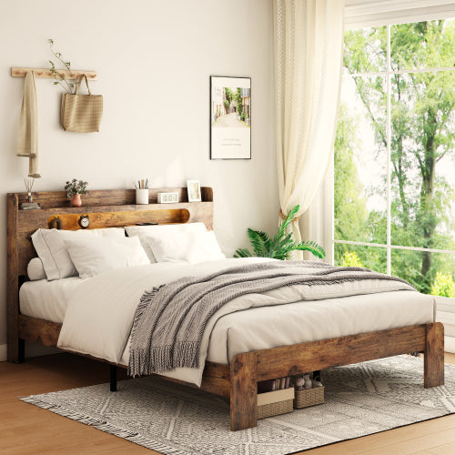 Bed Frame King Size, Wood Platform Bed Frame with Storage LED Light Headboard and 2 USB , Noise Free,No Box Spring Needed and Easy Assembly Tool,Large Under Bed Storage,Dark Brown