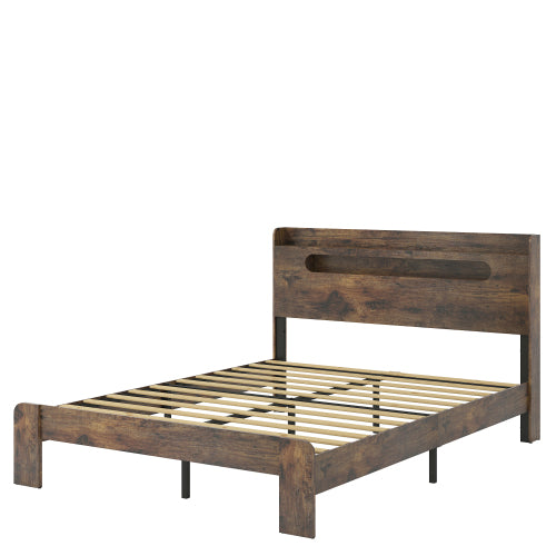 Bed Frame King Size, Wood Platform Bed Frame with Storage LED Light Headboard and 2 USB , Noise Free,No Box Spring Needed and Easy Assembly Tool,Large Under Bed Storage,Dark Brown