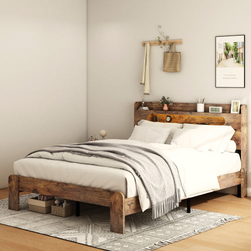 Bed Frame King Size, Wood Platform Bed Frame with Storage LED Light Headboard and 2 USB , Noise Free,No Box Spring Needed and Easy Assembly Tool,Large Under Bed Storage,Dark Brown