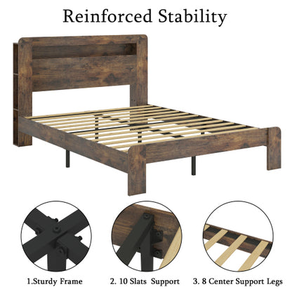 Bed Frame King Size, Wood Platform Bed Frame with Storage LED Light Headboard and 2 USB , Noise Free,No Box Spring Needed and Easy Assembly Tool,Large Under Bed Storage,Dark Brown