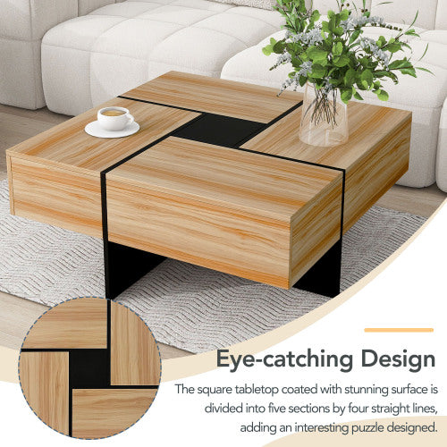 Square Coffee Table with Sliding Top Storage 4 Hidden Compartments Modern Living Room Table