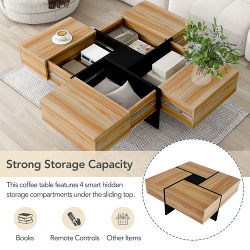 Square Coffee Table with Sliding Top Storage 4 Hidden Compartments Modern Living Room Table