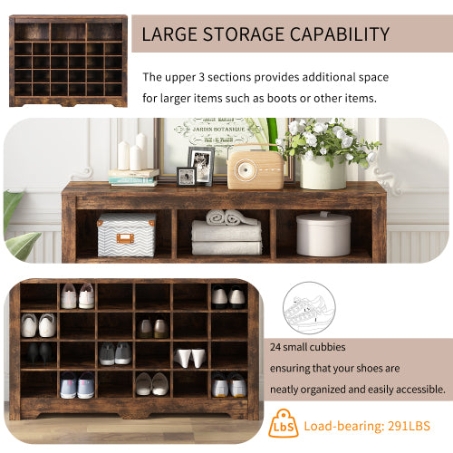 24 Cubby Shoe Storage Cabinet with Curved Base Rustic Brown Organizer Console