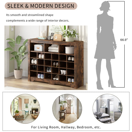 24 Cubby Shoe Storage Cabinet with Curved Base Rustic Brown Organizer Console