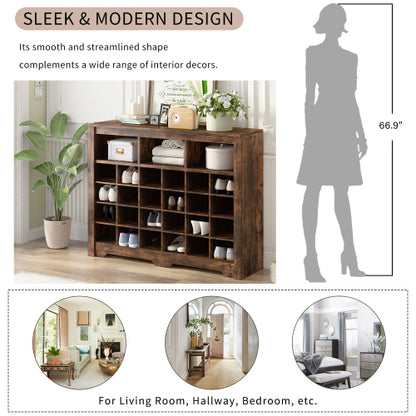 24 Cubby Shoe Storage Cabinet with Curved Base Rustic Brown Organizer Console