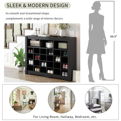 24 Cubby Shoe Storage Cabinet with Curved Base Black Organizer Console