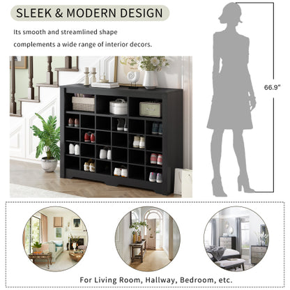 24 Cubby Shoe Storage Cabinet with Curved Base Black Organizer Console