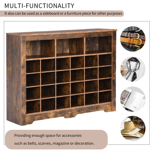 24 Cubby Shoe Storage Cabinet with Curved Base Rustic Brown Organizer Console