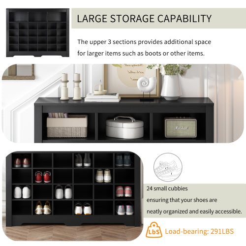 24 Cubby Shoe Storage Cabinet with Curved Base Black Organizer Console