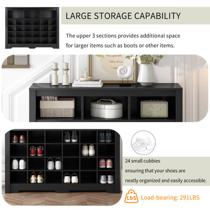 24 Cubby Shoe Storage Cabinet with Curved Base Black Organizer Console