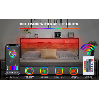 Full Size Bed Frame with Storage Headboard and 2 Drawers, LED Lights Bed with Charging Station, Metal Platform Bed No Noise, Mattress Foundation Strong Metal Slats Support No Box Spring Needed