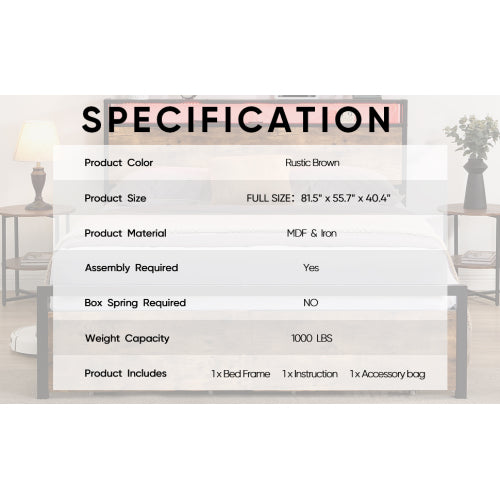 Full Size Bed Frame with Storage Headboard and 2 Drawers, LED Lights Bed with Charging Station, Metal Platform Bed No Noise, Mattress Foundation Strong Metal Slats Support No Box Spring Needed