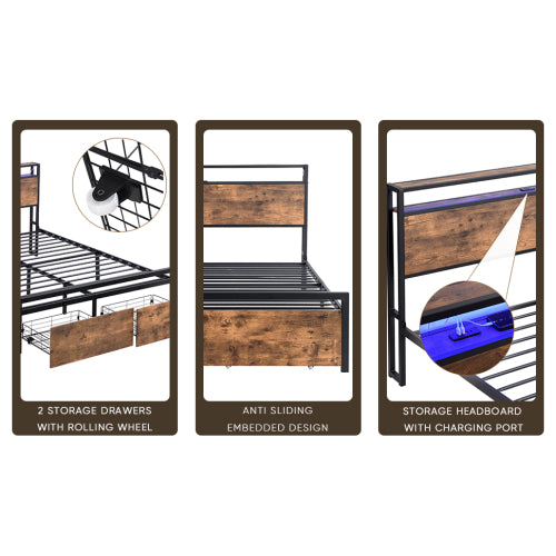 Full Size Bed Frame with Storage Headboard and 2 Drawers, LED Lights Bed with Charging Station, Metal Platform Bed No Noise, Mattress Foundation Strong Metal Slats Support No Box Spring Needed