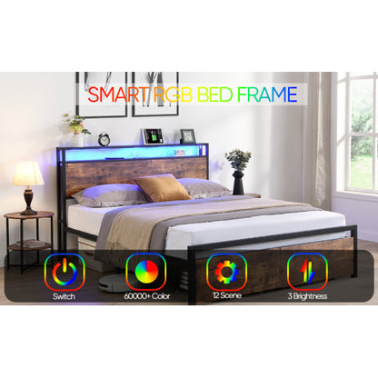 Full Size Bed Frame with Storage Headboard and 2 Drawers, LED Lights Bed with Charging Station, Metal Platform Bed No Noise, Mattress Foundation Strong Metal Slats Support No Box Spring Needed