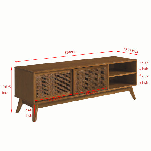 59 Inch Mid-Century Rattan TV Stand For 65 Inch TV Solid Wood Feet