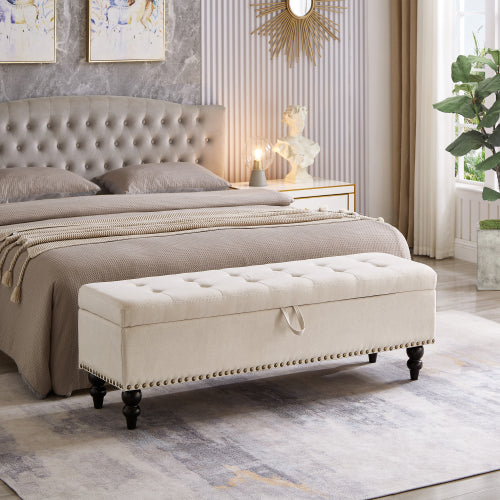 59inch  Bed Bench Ottoman with Storage  Beige Fabric