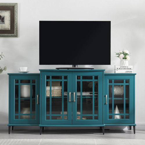 62 Inch Teal Blue Buffet Cabinet with Glass Doors Adjustable Shelves and Metal Legs