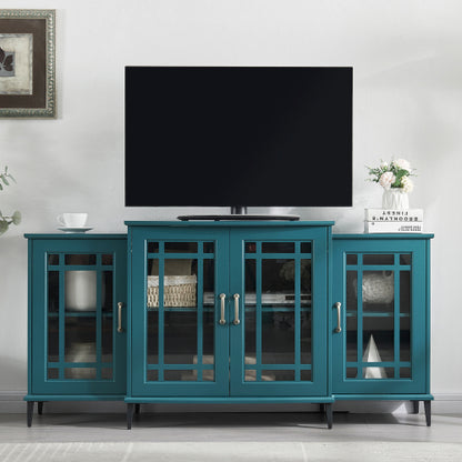 62 Inch Teal Blue Buffet Cabinet with Glass Doors Adjustable Shelves and Metal Legs